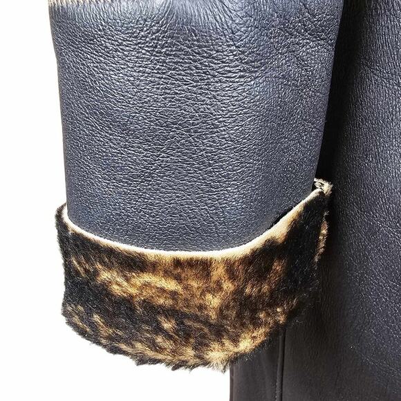 Artico Black Leather Long Trench Coat Animal Print Shearling $5,495 Size 42 - Picture 13 of 14